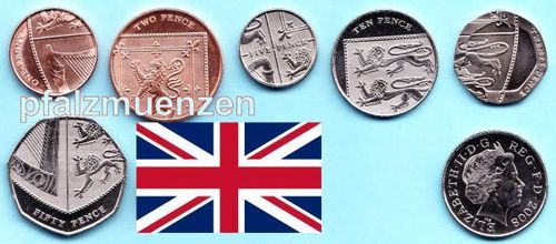 Großbritannien 2008 - 2016 die neuen Münztypen mit Wappenmotiv 6 Münzen