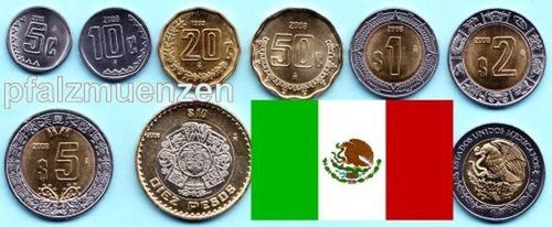 Mexiko 1999 - 2013 Kursmünzensatz mit 4 x Bimetall und den alten Kleinwerten