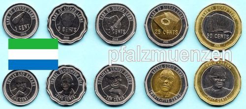 Sierra Leone 2022 neuer Kursmünzensatz mit 5 Münzen (2 x Bimetall)