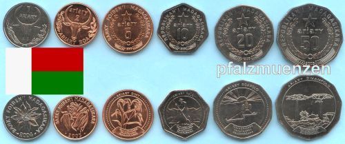 Madagaskar 1996 - 2016 vollständiger Satz (6 Münzen) mit der neuen Währungsbezeichnung (Ariary)
