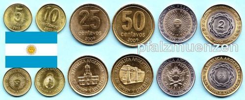 Argentinien 2009 - 2015 Kursmünzensatz mit 6 Münzen mit 2 x Bimetall