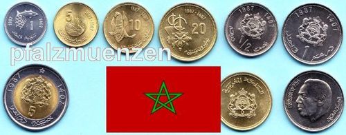 Marokko 1987 kompletter Jahrgangssatz mit 7 Münzen (3 x FAO)