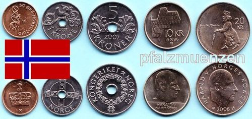 Norwegen 1996 - 2010 neuer Satz mit 5 Münzen 50 Öre - 20 Kronen Ibsen