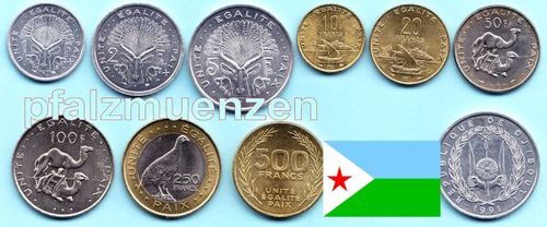 Djibouti / Dschibuti 1977 - 2016 Kursmünzensatz mit 9 Münzen 1 - 500 Francs