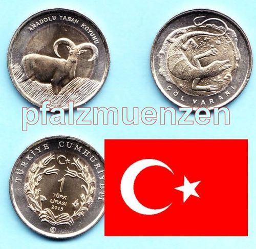 Türkei 2015 2 x 1 Lira Bimetallsondermünzen Wildschaf und Wüstenwaran