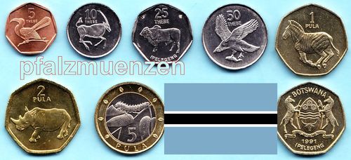 Botswana 2001 - 2007 5 Thebe – 5 Pula Bimetall kompletter Satz