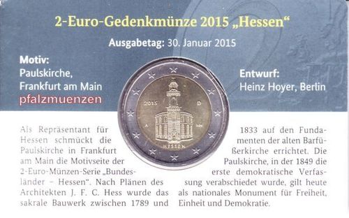 Deutschland 2015 1 x 2 Euro Paulskirche in Frankfurt am Main, A - CoinCard