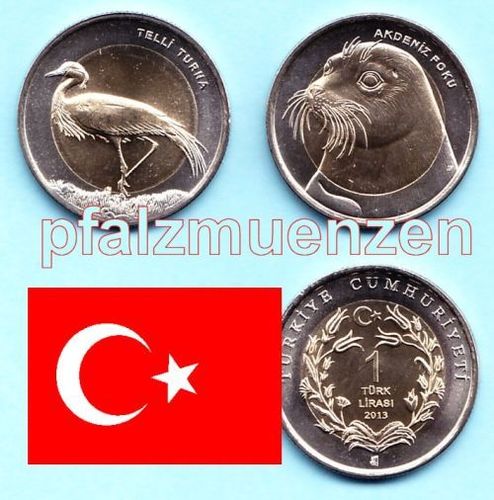 Türkei 2013 2 x 1 Lira Bimetallsondermünzen Kranich und Robbe