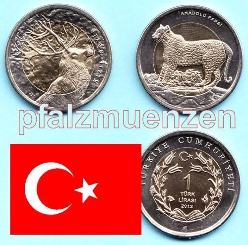 Türkei 2012 2 x 1 Lira Bimetallsondermünzen Hirsch und Leopard
