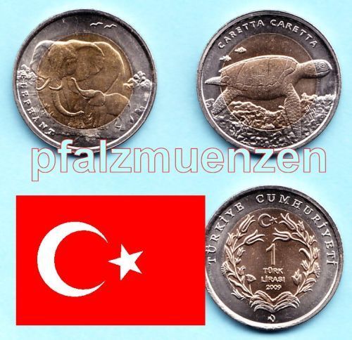 Türkei 2009 2 x 1 Lira Bimetallsondermünzen Elefant und Schildkröte