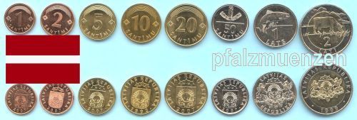 Lettland 1992 - 2007 kompletter Kursmünzensatz mit 8 Münzen