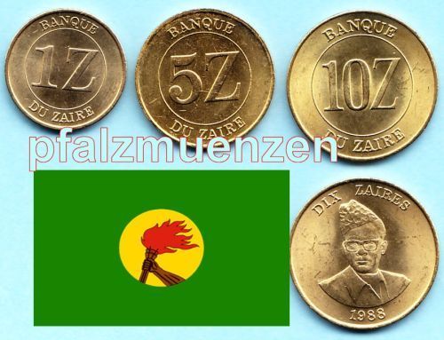 Zaire 1987 - 1988 3 Münzen 1, 5 + 10 Zaire