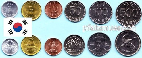 Korea - Süd 1982 - 2017 1 - 500 Won 6 Münzen mit 1 x FAO
