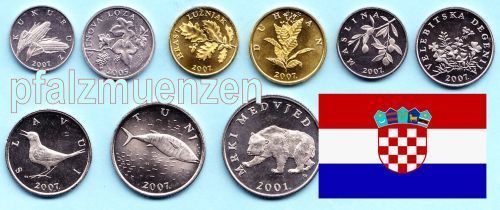 Kroatien 1993 - 2019 1 - Lipa - 5 Kuna 9 Münzen mit kroatischer Inschrift