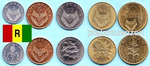 Ruanda 1977 - 1987 sehr seltener vollständiger Satz mit 5 Münzen