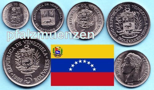 Venezuela 1989 - 1990 Kursmünzensatz mit 5 Münzen 25 Centimos - 5 Bolivar