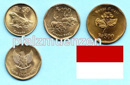 Indonesien 1991 - 1996 50, 100 und 500 Rupees in Al/Ni/Br komplett