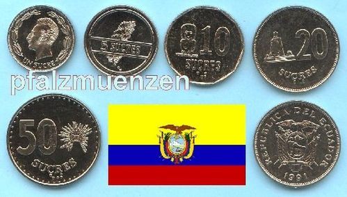 Ecuador 1988 - 1991 kompletter Kursmünzensatz mit 6 Münzen