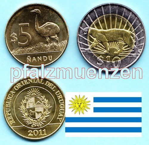 Uruguay 2011 5 und 10 Pesos neue Kursmünzen