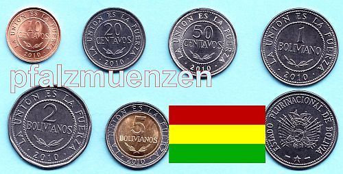 Bolivien 2010 - 2012 neue Kursmünzen 10 Centavos - 5 Bolivianos 6 Münzen