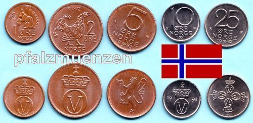 Norwegen 1972 - 1991 Kleinmünzensatz, nicht mehr im Umlauf