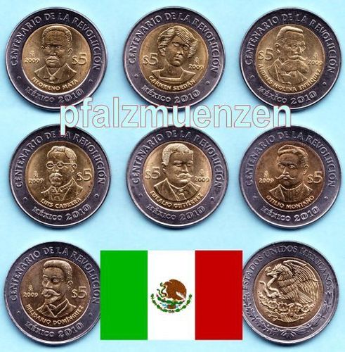 Mexiko 2009 7 x 5 Peso Revolution komplette Ausgabe 2009