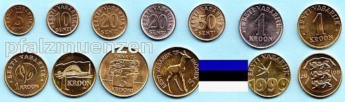 Estland 1991 - 2008 alle Kurs- und Sonderumlaufmünzen in allen Varianten (11 Werte) vor Euro