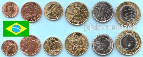 Brasilien 2001 - 2007 aktueller Kurssatz mit 6 Münzen