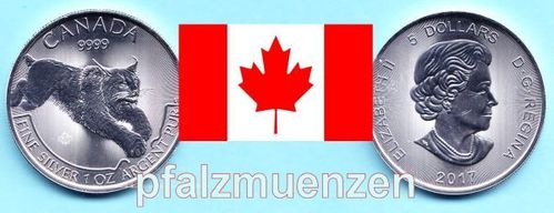 Kanada 2017 5 Dollar Raubtier-Serie Luchs 1 Unze Silber (9999)