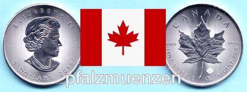 Kanada 2016 5 Dollar Maple Leaf 1 Unze Silber (9999)