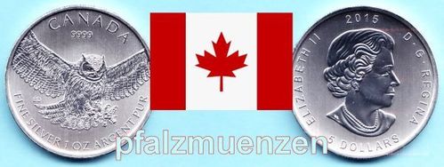 Kanada 2015 5 Dollar Greifvögel-Serie Eule 1 Unze Silber (9999)