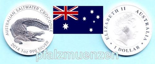 Australien 2014 1 Dollar Salzwasser-Krokodil 1 Unze Silber (999)