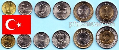 Türkei 2005 - 2008 Kursmünzensatz 6 Münzen "Yeni Lira"
