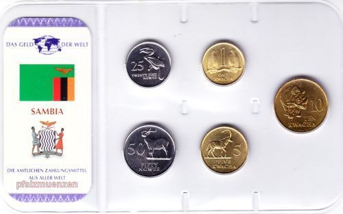 Sambia 1992 kompletter Jahrgangssatz mit 5 Münzen im Blister