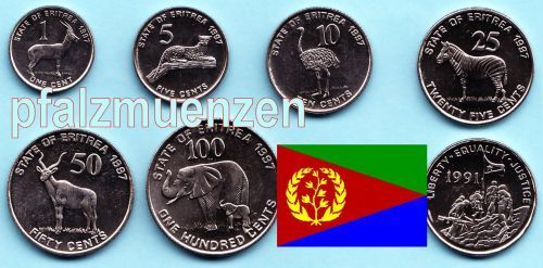 Eritrea 1997 kompletter und aktueller Kursmünzensatz mit 6 Münzen