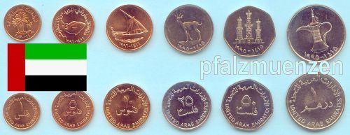 Vereinigte Arabische Emirate 1973 - 2007 kompletter Satz mit 6 Münzen inkl. den alten Kleinmünzen