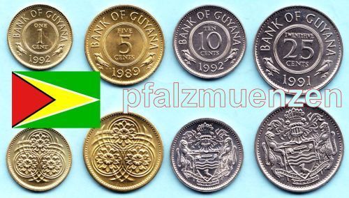 Guyana 1989 - 1992 alter Kursmünzensatz 1 - 25 Cents