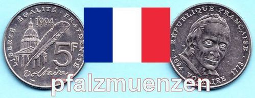 Frankreich 1994 5 Francs 300. Geburtstag Voltaire
