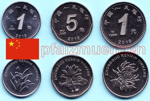 China 2019 1 + 5 Jiao und 1 Yuan neue Kursmünzen