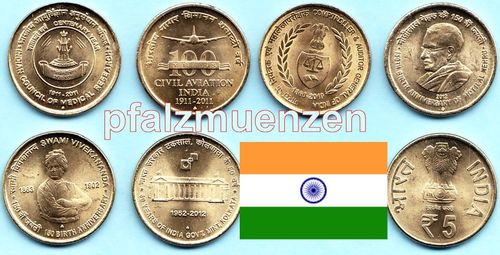 Indien 2011 - 2012 6 x 5 Rupees Sondermünzen (4)