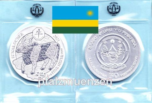Ruanda 2021 50 Amafaranga Tierkreiszeichen Ochse 1 Unze Silber (999)