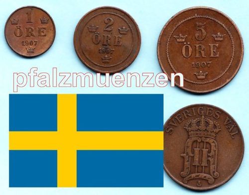 Schweden 1907 1, 2 und 5 Öre (sehr schön)