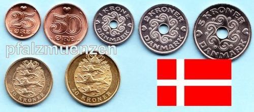 Dänemark 2005 - 2008 Kursmünzensatz 25 Öre - 20 Kronen 7 Münzen