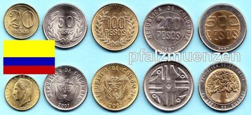 Kolumbien 2002 - 2008 Kursmünzensatz mit 5 Münzen
