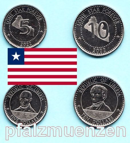 Liberia 2022 neue Umlaufmünzen 5 + 10 Dollar