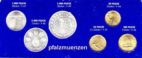 Argentinien 1978 kompletter Sondersatz (6 Münzen) zur Fußball-WM mit 3 x Silber