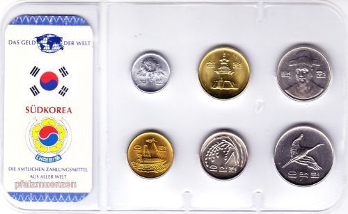 Korea - Süd 1969 - 2006 1 - 500 Won 6 Münzen mit 1 x FAO im Blister